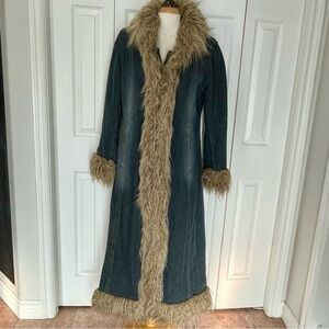 Rare Vintage Giacca Denim Full Length Trench Coat with Faux Fur Trim sz Large